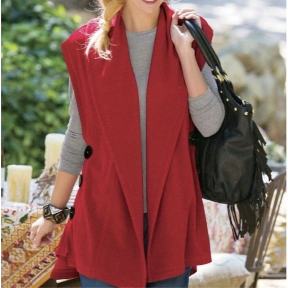 Soft Surroundings Cardigan Women Small Red Mesa Button Sleeveless Open Front
